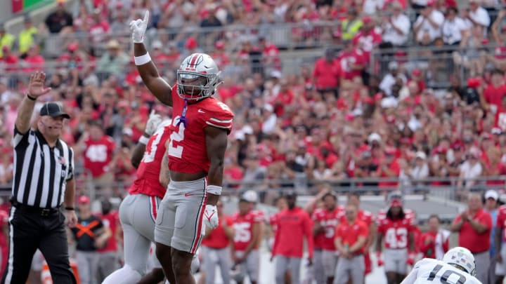 August 31, 2024; Columbus, Ohio, USA;
Ohio State Buckeyes safety Caleb Downs (2) celebrates after sacking Akron Zips quarterback Ben Finley (10) during the first half of Saturday’s NCAA Division I football game at Ohio Stadium.