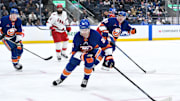 Dec 7, 2024; Elmont, New York, USA; New York Islanders right wing Oliver Wahlstrom (26) pursues the puck against the Carolina Hurricanes during the third period at UBS Arena. Mandatory Credit: John Jones-Imagn Images