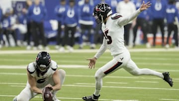 Nov 30, 2025; Indianapolis, Indiana, USA; Houston Texans kicker Ka'Imi Fairbairn (15) kicks a field goal for an extra point during a game against the Indianapolis Colts at Lucas Oil Stadium. Mandatory Credit: Christine Tannous-USA TODAY Network via Imagn Images