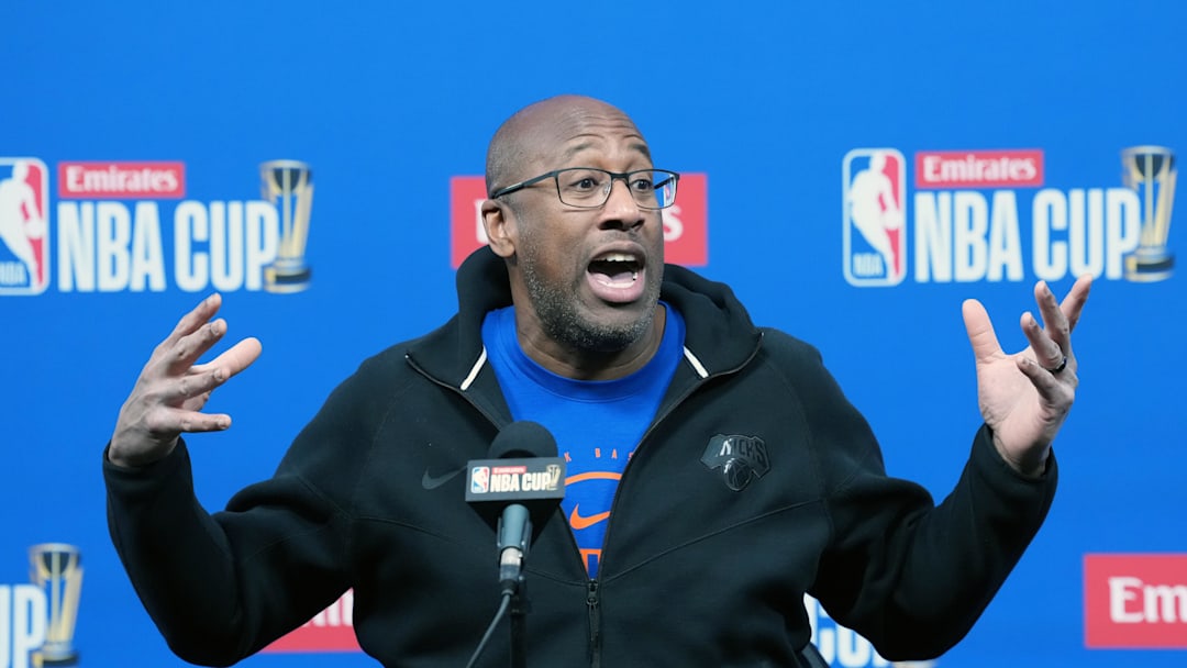 Dec 12, 2025; Las Vegas, NV, USA; New York Knicks head coach Mike Brown at press conference prior to the Emirates Cup semifinals at T-Mobile Arena. Mandatory Credit: Kirby Lee-Imagn Images Dec 12, 2025; Las Vegas, NV, USA; New York Knicks head coach Mike Brown at press conference prior to the Emirates Cup semifinals at T-Mobile Arena. Mandatory Credit: Kirby Lee-Imagn Images