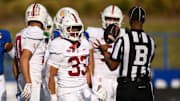 Nov 29, 2024; San Jose, California, USA; Stanford Cardinal running back Cole Tabb (33) celebrates against the San Jose State Spartans in the second quarter at CEFCU Stadium. Mandatory Credit: Eakin Howard-Imagn Images