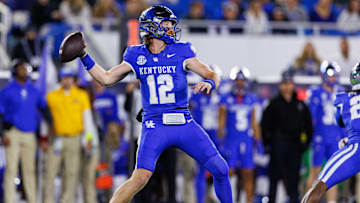 Oct 26, 2024; Lexington, Kentucky, USA; Kentucky Wildcats quarterback Brock Vandagriff (12) throws a pass during the second quarter against the Auburn Tigers at Kroger Field. Mandatory Credit: Jordan Prather-Imagn Images