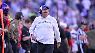 Nov 8, 2025; Fort Worth, Texas, USA; TCU Horned Frogs head coach Sonny Dykes looks on during the first half against the Iowa State Cyclones at Amon G. Carter Stadium. Mandatory Credit: Jerome Miron-Imagn Images