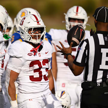 Nov 29, 2024; San Jose, California, USA; Stanford Cardinal running back Cole Tabb (33) celebrates against the San Jose State Spartans in the second quarter at CEFCU Stadium. Mandatory Credit: Eakin Howard-Imagn Images