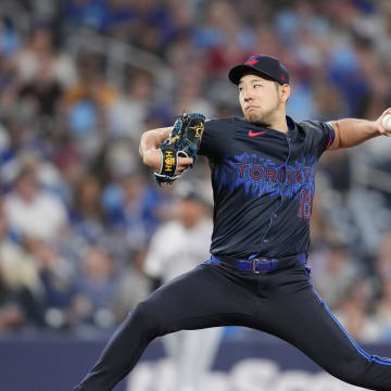 Toronto Blue Jays starting pitcher Yusei Kikuchi (16) throws a pitch against the New York Yankees during the first inning at Rogers Centre on June 28.