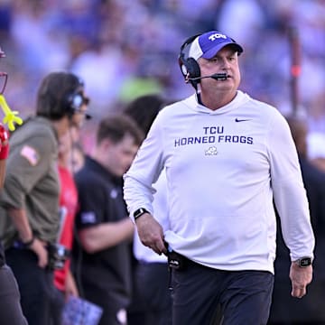 Nov 8, 2025; Fort Worth, Texas, USA; TCU Horned Frogs head coach Sonny Dykes looks on during the first half against the Iowa State Cyclones at Amon G. Carter Stadium. Mandatory Credit: Jerome Miron-Imagn Images