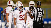 Nov 29, 2024; San Jose, California, USA; Stanford Cardinal running back Cole Tabb (33) celebrates against the San Jose State Spartans in the second quarter at CEFCU Stadium. Mandatory Credit: Eakin Howard-Imagn Images