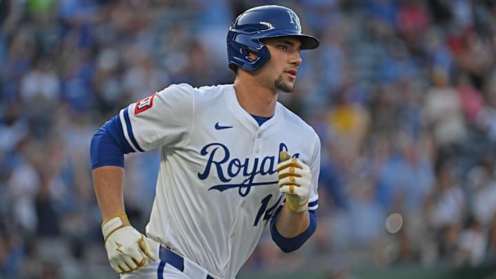Jul 9, 2025; Kansas City, Missouri, USA;  Kansas City Royals right fielder Jac Caglianone (14) runs the bases after hitting a two-run home run in the fourth inning against the Pittsburgh Pirates at Kauffman Stadium. Mandatory Credit: Peter Aiken-Imagn Images
