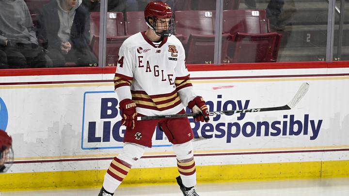 Feb 28, 2025; Chestnut Hill, MA, USA; Boston College forward Andre Gasseau (24) warms up before a game against the University of New Hampshire Wildcats at Conte Forum. Mandatory Credit: Eric Canha-Imagn Images