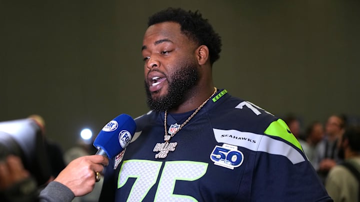 Feb 5, 2026; San Jose, CA, USA; Seattle Seahawks guard Anthony Bradford (75) talks to media members at the San Jose Marriott. Mandatory Credit: Darren Yamashita-Imagn Images