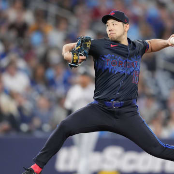 Jun 28, 2024; Toronto, Ontario, CAN; Toronto Blue Jays starting pitcher Yusei Kikuchi (16) throws a pitch against the New York Yankees during the first inning at Rogers Centre. Mandatory Credit: Nick Turchiaro-USA TODAY Sports