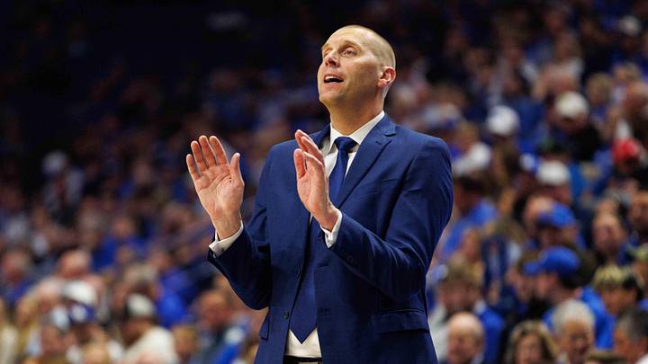 Nov 9, 2024; Lexington, Kentucky, USA; Kentucky Wildcats head coach Mark Pope talks to his players during the first half against the Bucknell Bison at Rupp Arena at Central Bank Center. Mandatory Credit: Jordan Prather-Imagn Images