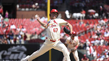 Jun 29, 2024; St. Louis, Missouri, USA; St. Louis Cardinals pitcher Gordon Graceffo (67) makes his MLB Debut throwing against the Cincinnati Reds during the fifth inning at Busch Stadium. Mandatory Credit: Jeff Le-Imagn Images