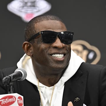 Jul 10, 2024; Las Vegas, NV, USA; Colorado Buffaloes head coach Deion Sanders speaks to the media during the Big 12 Media Days at Allegiant Stadium. Mandatory Credit: Candice Ward-Imagn Images