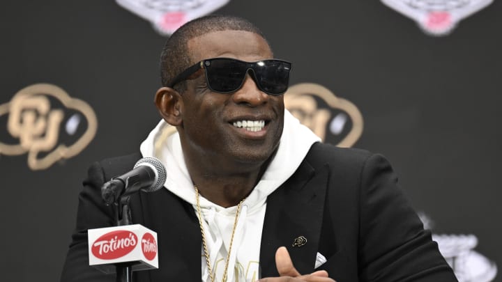 Jul 10, 2024; Las Vegas, NV, USA; Colorado Buffaloes head coach Deion Sanders speaks to the media during the Big 12 Media Days at Allegiant Stadium. 