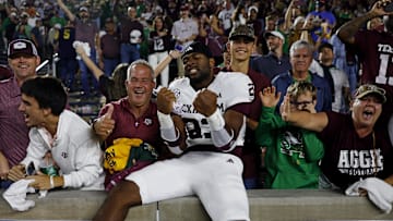 Sep 13, 2025; South Bend, Indiana, USA; Texas A&M Aggies running back Jamarion Morrow (23) celebrates after their win against the Notre Dame Fighting Irish at Notre Dame Stadium. Mandatory Credit: Michael Caterina-Imagn Images