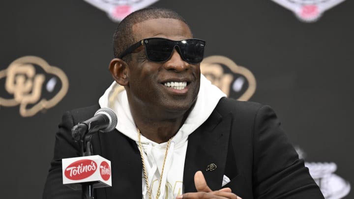 Jul 10, 2024; Las Vegas, NV, USA; Colorado Buffaloes head coach Deion Sanders speaks to the media during the Big 12 Media Days at Allegiant Stadium. Mandatory Credit: Candice Ward-USA TODAY Sports