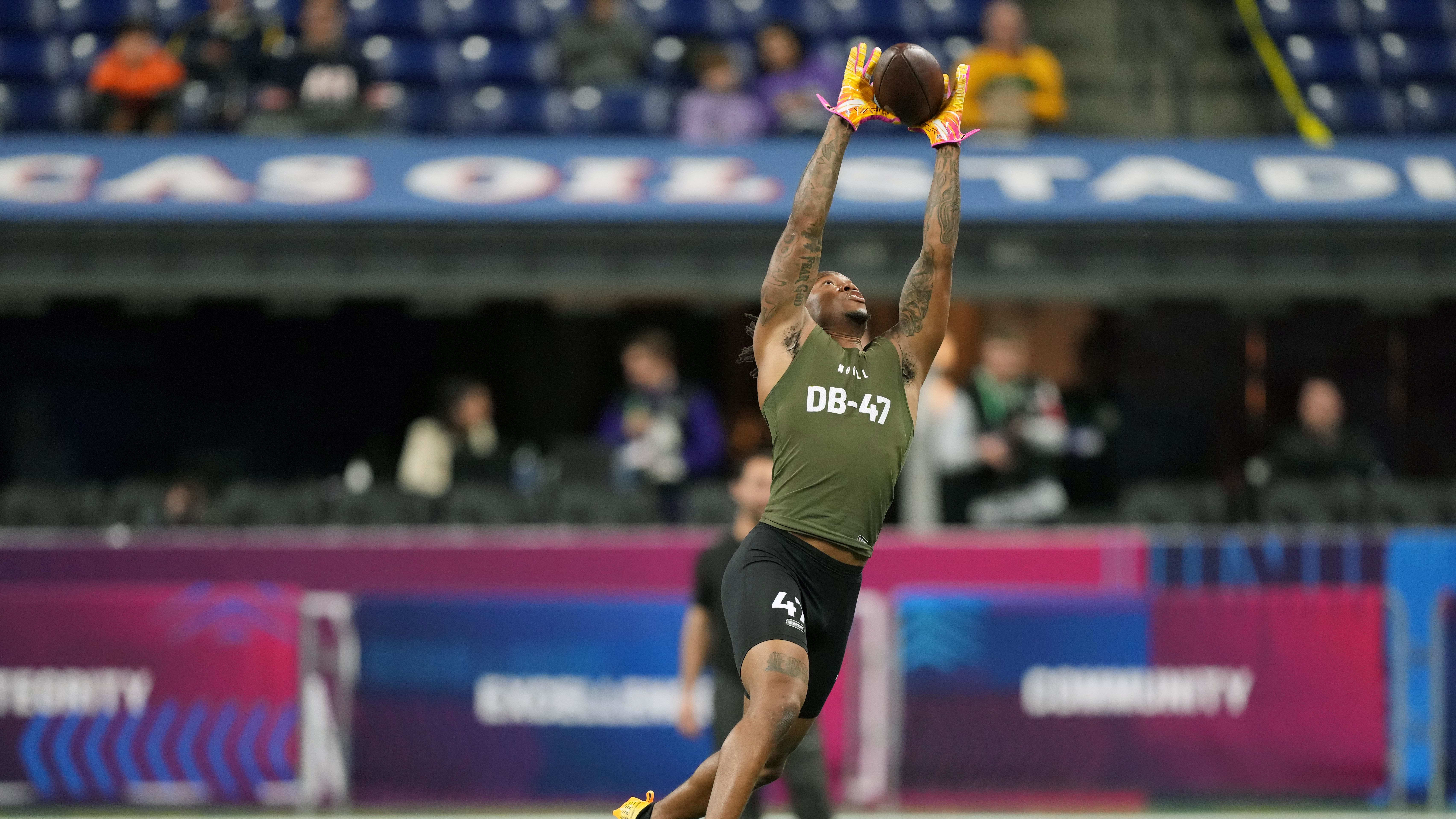 Boston College offensive lineman Christian Mahogany (OL46) during the NFL Scouting Combine.