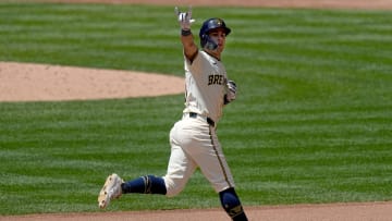 Milwaukee Brewers outfielder Sal Frelick (10) celebrates his solo home run during the fourth inning of their game against the Pittsburgh Pirates Wednesday, May 15, 2024 at American Family Field in Milwaukee, Wisconsin.