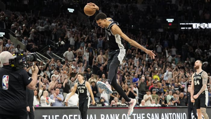 Apr 12, 2024; San Antonio, Texas, USA; San Antonio Spurs forward Victor Wembanyama (1) reacts after