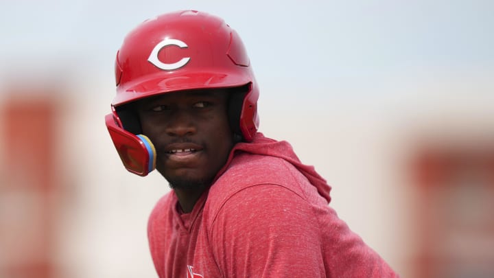 Feb 23, 2024; Goodyear, AZ, USA; Cincinnati Reds minor league player Cam Collier serves as a baserunner during rundown drills during spring training workouts at Goodyear Ballpark. Mandatory Credit: Kareem Elgazzar-USA TODAY Sports