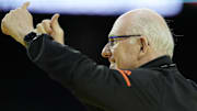 Mar 31, 2023; Houston, TX, USA; Miami (Fl) Hurricanes head coach Jim Larranaga gestures during a practice session the day before the Final Four of the 2023 NCAA Tournament at NRG Stadium. Mandatory Credit: Bob Donnan-Imagn Images