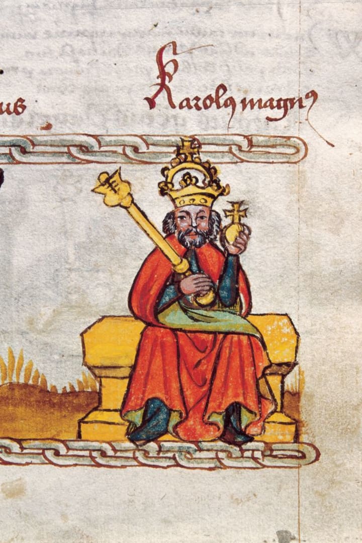 An image of Charlemagne from an illustrated manuscript.