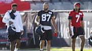 Jul 23, 2025; Houston, TX, USA;  Houston Texans tight end Cade Stover (87) during training camp at Houston Methodist Training Center. Mandatory Credit: Troy Taormina-Imagn Images