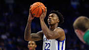 Nov 4, 2024; Lexington, Kentucky, USA; Kentucky Wildcats center Amari Williams (22) shoots a free throw during the second half against the Wright State Raiders at Rupp Arena at Central Bank Center. Mandatory Credit: Jordan Prather-Imagn Images
