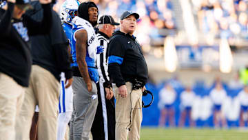 Nov 16, 2024; Lexington, Kentucky, USA; Kentucky Wildcats head coach Mark Stoops looks on during the second quarter against the Murray State Racers at Kroger Field. Mandatory Credit: Jordan Prather-Imagn Images