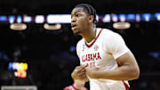 Mar 21, 2025; Cleveland, OH, USA; Alabama Crimson Tide forward Mouhamed Dioubate (10) reacts in the first half against the Robert Morris Colonials during the NCAA Tournament First Round at Rocket Arena. Mandatory Credit: Rick Osentoski-Imagn Images