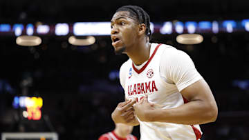 Mar 21, 2025; Cleveland, OH, USA; Alabama Crimson Tide forward Mouhamed Dioubate (10) reacts in the first half against the Robert Morris Colonials during the NCAA Tournament First Round at Rocket Arena. Mandatory Credit: Rick Osentoski-Imagn Images