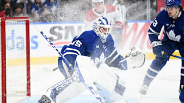 Dec 6, 2025; Toronto, Ontario, CAN;  Toronto Maple Leafs goalie Dennis Hildeby (35) is sprayed with ice chips against the Montreal Canadiens in the second period at Scotiabank Arena. Mandatory Credit: Dan Hamilton-Imagn Images