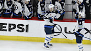 Apr 12, 2025; Chicago, Illinois, USA;  Winnipeg Jets left wing Kyle Connor (81) celebrates with teammates after scoring s goal against the Chicago Blackhawks during the second period at United Center. Mandatory Credit: Matt Marton-Imagn Images