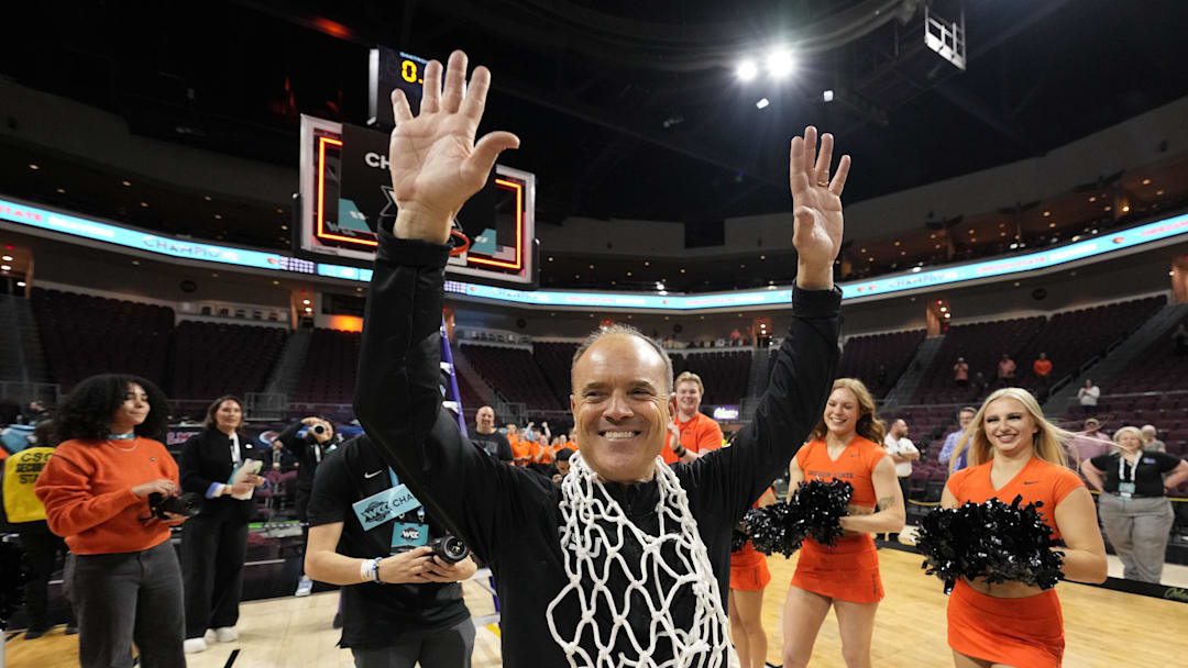 March 11, 2025; Las Vegas, NV, USA; Oregon State Beavers head coach Scott Rueck celebrates after defeating the Portland Pilots after the game in the final of the West Coast Conference tournament at Orleans Arena. Mandatory Credit: Kyle Terada-Imagn Images