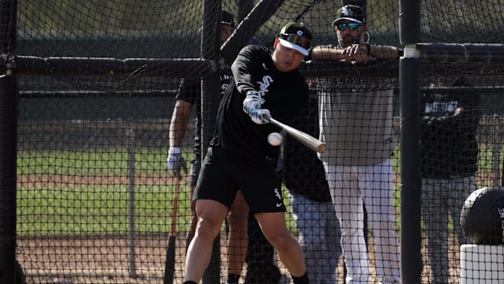 Feb 10, 2026; Glendale, AZ, USA; Chicago White Sox first baseman Munetaka Murakami (5) takes batting practice during spring training camp at Camelback Ranch. Mandatory Credit: Rick Scuteri-Imagn Images