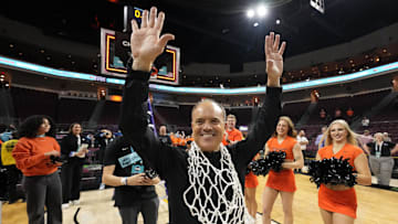 March 11, 2025; Las Vegas, NV, USA; Oregon State Beavers head coach Scott Rueck celebrates after defeating the Portland Pilots after the game in the final of the West Coast Conference tournament at Orleans Arena. Mandatory Credit: Kyle Terada-Imagn Images