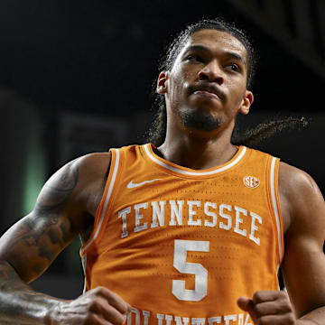 Feb 22, 2025; College Station, Texas, USA; Tennessee Volunteers guard Zakai Zeigler (5) reacts during the second half against the Texas A&M Aggies at Reed Arena. Mandatory Credit: Maria Lysaker-Imagn Images 