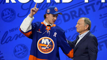 Jun 27, 2025; Los Angeles, California, USA; Matthew Schaefer is selected as the first overall pick to the New York Islanders in the first round of the 2025 NHL Draft at Peacock Theater. Mandatory Credit: Kirby Lee-Imagn Images