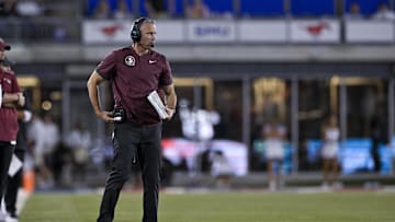 Sep 28, 2024; Dallas, Texas, USA; Florida State Seminoles head coach Mike Norvell looks on during the second half against the Southern Methodist Mustangs at Gerald J. Ford Stadium. Mandatory Credit: Jerome Miron-Imagn Images