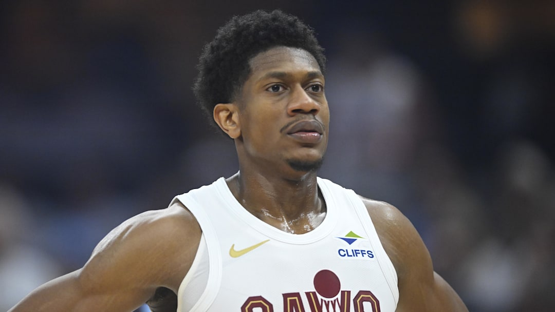 Apr 23, 2025; Cleveland, Ohio, USA; Cleveland Cavaliers forward De'Andre Hunter (12) stands on the court in the first quarter of game two of the first round of the 2025 NBA Playoffs against the Miami Heat at Rocket Arena. Mandatory Credit: David Richard-Imagn Images