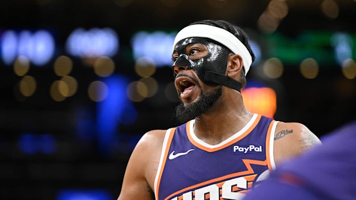 Phoenix Suns guard Jordan Goodwin reacts after being called for a foul against the Boston Celtics during the second half at the TD Garden.