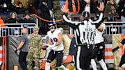 Nov 16, 2025; Cleveland, Ohio, USA; Baltimore Ravens tight end Mark Andrews (89) reacts after a touchdown during the fourth quarter against the Cleveland Browns at Huntington Bank Field. Mandatory Credit: Ken Blaze-Imagn Images