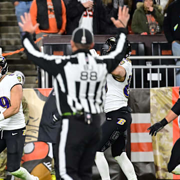 Nov 16, 2025; Cleveland, Ohio, USA; Baltimore Ravens tight end Mark Andrews (89) reacts after a touchdown during the fourth quarter against the Cleveland Browns at Huntington Bank Field. Mandatory Credit: Ken Blaze-Imagn Images