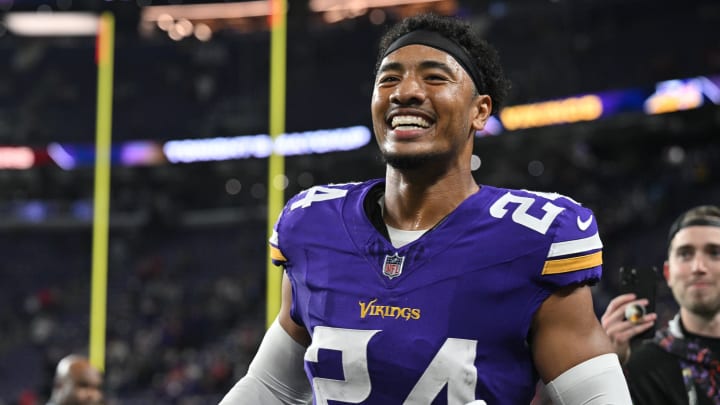 Oct 23, 2023; Minneapolis, Minnesota, USA; Minnesota Vikings safety Camryn Bynum (24) runs off the field after the game against the San Francisco 49ers at U.S. Bank Stadium.