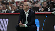 Mar 21, 2025; Raleigh, NC, USA;  Connecticut Huskies head coach Dan Hurley reacts during the second half against the Oklahoma Sooners at Lenovo Center. Mandatory Credit: Bob Donnan-Imagn Images
