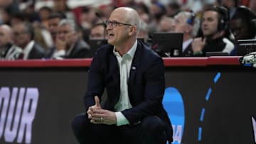 Mar 21, 2025; Raleigh, NC, USA;  Connecticut Huskies head coach Dan Hurley reacts during the second half against the Oklahoma Sooners at Lenovo Center. Mandatory Credit: Bob Donnan-Imagn Images