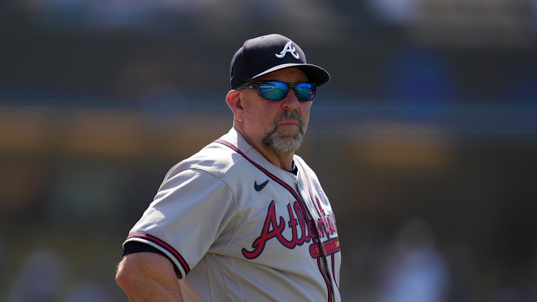 May 10, 2026; Los Angeles, California, USA; Atlanta Braves manager Walt Weiss (22) reacts after the game against the Los Angeles Dodgers at Dodger Stadium. Mandatory Credit: Kirby Lee-Imagn Images