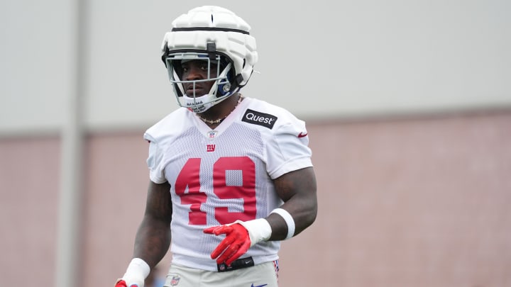 Jul 25, 2024; East Rutherford, NY, USA; New York Giants outside linebacker Matthew Adams (49) looks on during training camp at Quest Diagnostics Training Center.  