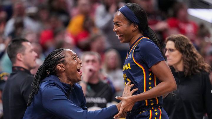 Indiana Fever center Aliyah Boston (7) celebrates Indiana Fever guard Bree Hall (23) on Saturday, June 27, 2026, during the second half of a game at Gainbridge Fieldhouse in Indianapolis. The Indiana Fever defeated the Los Angeles Sparks, 111-87.